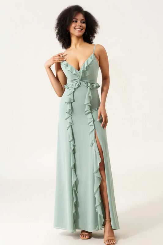 Beaira Matcha A-Line Spaghetti Straps Chiffon Bridesmaid Dress With Ruffles Bridesmaid dress shop
