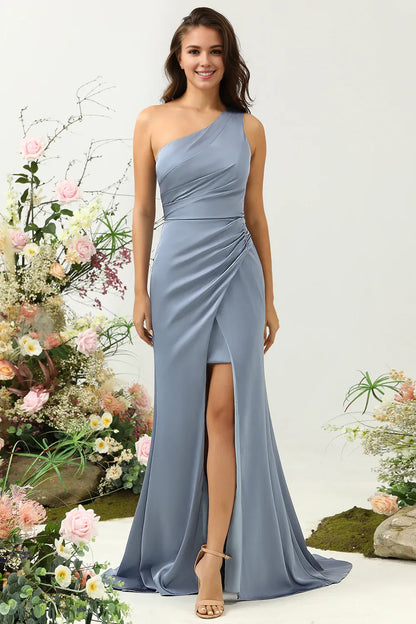 Beaira Dusty Blue Mermaid One Shoulder Ruched Bright Satin Bridesmaid Dress Bridesmaid dress shop