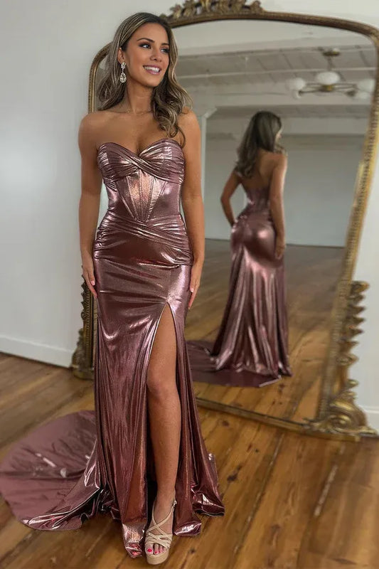 Beaira Newly Metallic Mermaid Sweetheart Long Prom Dress With Split - Magenta