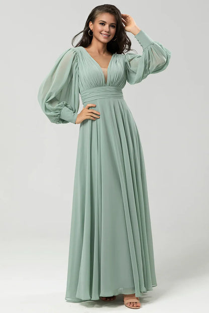 Beaira Matcha A Line Detachable Chiffon Bridesmaid Dress With Long Sleeves Bridesmaid dress shop