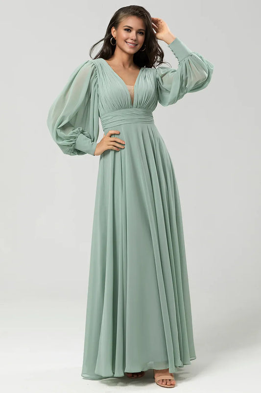 Beaira Matcha A Line Detachable Chiffon Bridesmaid Dress With Long Sleeves Bridesmaid dress shop