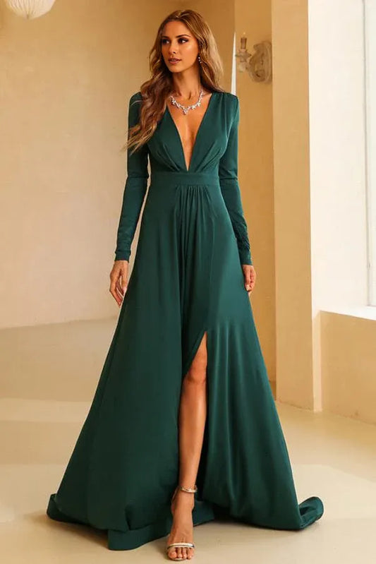 Beaira Dark Green Long Sleeve A-Line Plunging Evening Dresses formal wear dresses - Dark Green