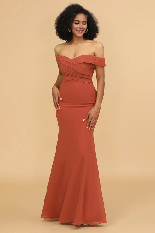 Beaira Terrocotta Mermaid Off The Shoulder Long Chiffon Bridesmaid Dress Bridesmaid dress shop