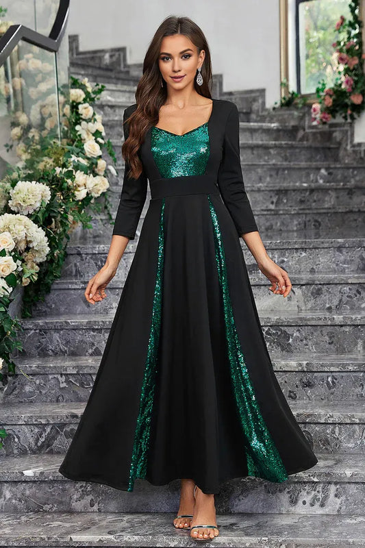 Beaira Elegant Sparkly Black Green Sequined A Line Prom Dress With Long Sleeves - Black Green