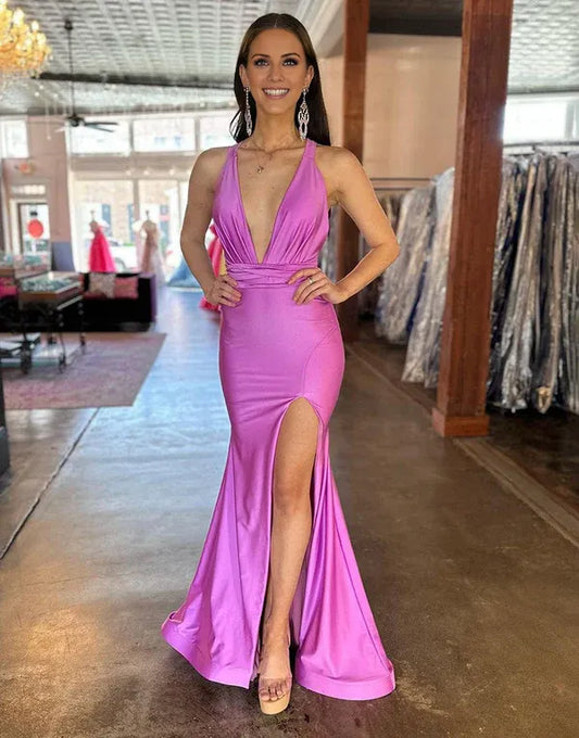 Beaira Deep V-Neck Cross Back Long Satin Prom Dress With Split - Purple
