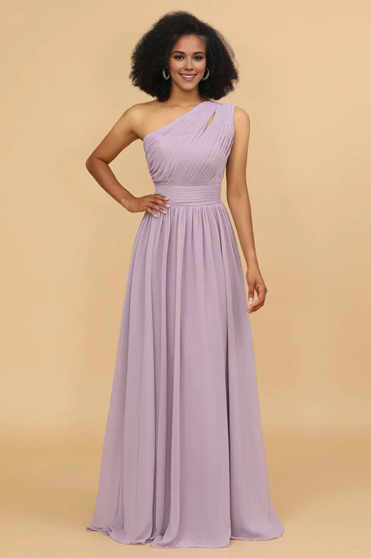 Beaira Elegant Lilac A Line One Shoulder Long Chiffon Bridesmaids Dress with Ruffles New Arrivals