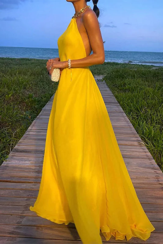 Beaira Elegant Solid Backless Halter Evening Dress Dresses formal wear dresses - Yellow