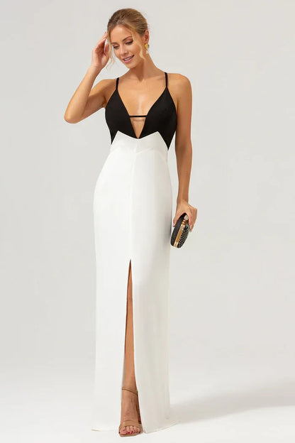 Beaira Elegance Black White Sheath Spaghetti Straps Long Prom Dress With Front Split - Black+White