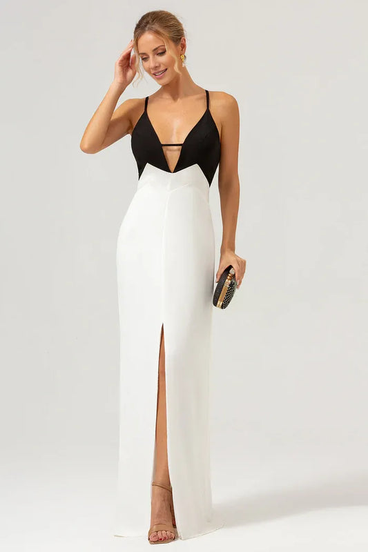 Beaira Elegance Black White Sheath Spaghetti Straps Long Prom Dress With Front Split - Black+White