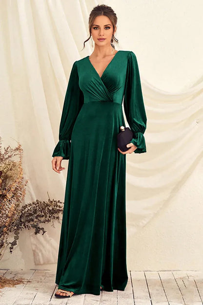 Beaira Elegance Dark Green V Neck Velvet Wrap Long Prom Dress with Long Sleeves - Dark Green