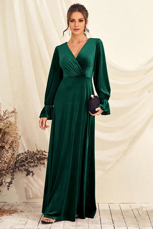 Beaira Elegance Dark Green V Neck Velvet Wrap Long Prom Dress with Long Sleeves - Dark Green