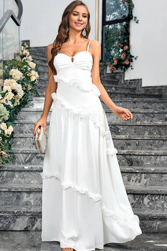 Beaira Elegant White A Line Sweetheart Neck Spaghetti Straps Long Simple Dress - White