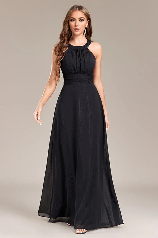 Beaira Elegant Black A Line Halter Long Prom Dress with Open Back - Black