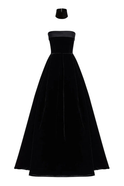 Beaira Simple Regal Choker Fold Over Strapless Fit & Flare Velvet Evening Maxi Dress