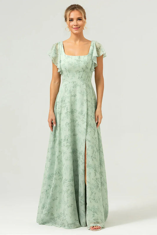 Beaira Dusty Sage A Line Square Neck Print Floor Length Bridesmaid Dress with Slit Bridesmaid dress shop