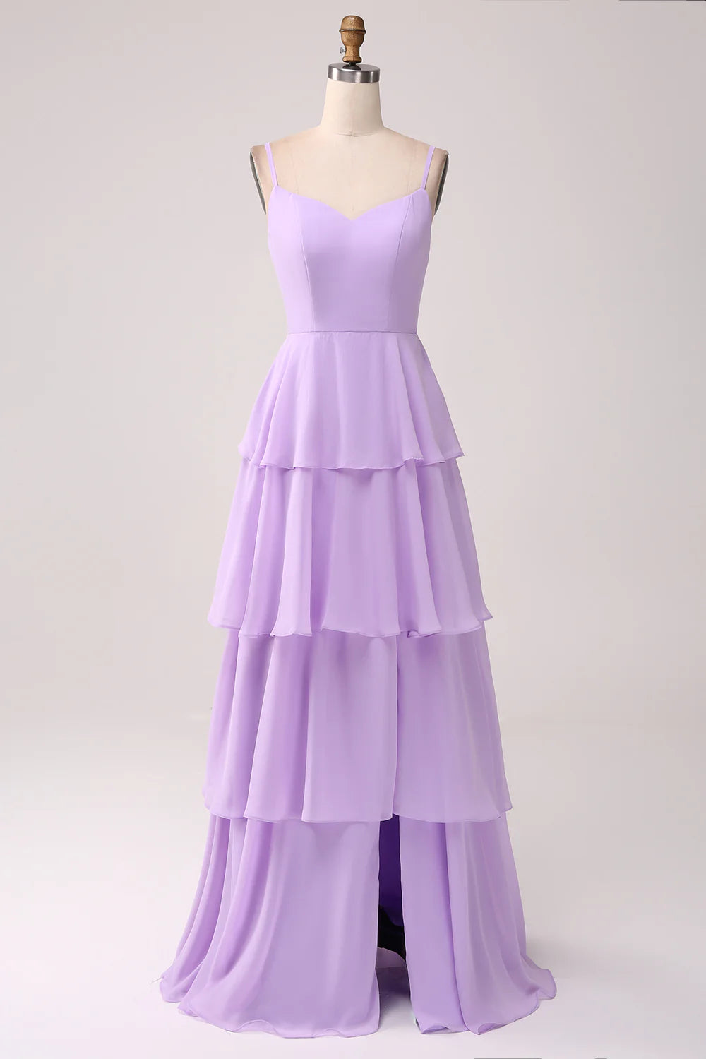 Beaira Lilac A-Line Spaghetti Straps Tiered Floor Length Bridesmaid Dress With Slit Bridesmaid dress shop
