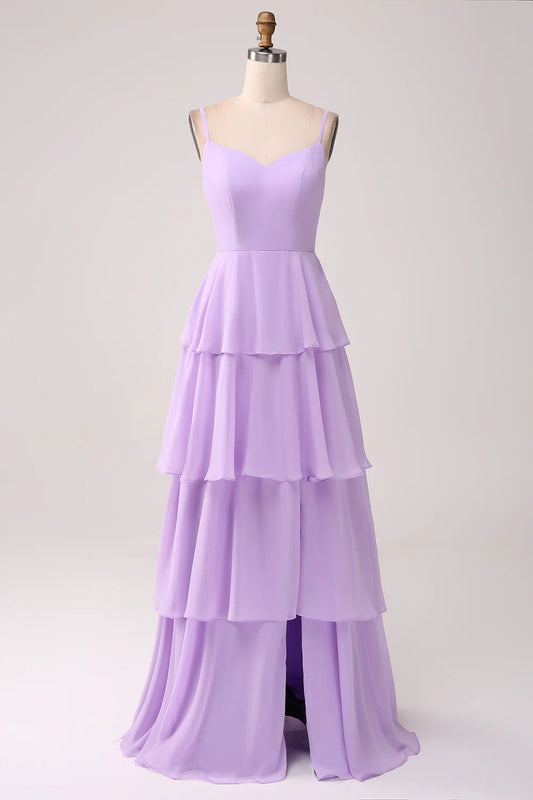 Beaira Lilac A-Line Spaghetti Straps Tiered Floor Length Bridesmaid Dress With Slit Bridesmaid dress shop