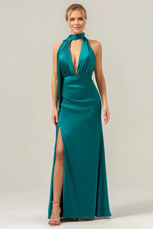 Beaira Peacock Sheath Deep V Neck Open Back Long Satin Bridesmaid Dress with Streamer Bridesmaid dress shop ﻿