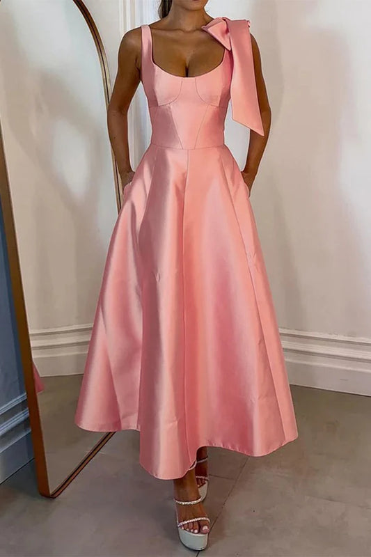 Beaira Sexy Solid Color Lace Up U Neck Evening Dresses formal wear dresses - Pink