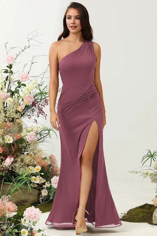 Beaira Desert Rose Mermaid One Shoulder Long Bridesmaid Dress with Slit Bridesmaid dress shop