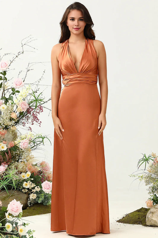 Beaira Copper A Line V Neck Bright Satin Bridesmaid Dress with Open Back Bridesmaid dress shop ﻿
