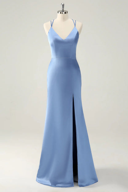 Beaira Blue Mermaid Spaghetti Straps Long Satin Bridesmaid Dress with Slit Bridesmaid dress shop