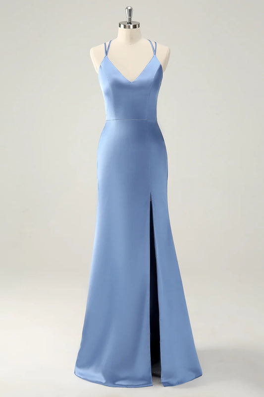 Beaira Blue Mermaid Spaghetti Straps Long Satin Bridesmaid Dress with Slit Bridesmaid dress shop