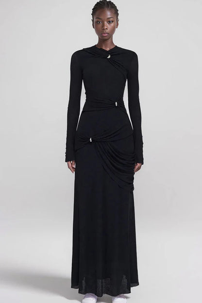 Beaira Unique Graceful Metallic Knot Ruched Detail Jersey Evening Maxi Dress - Black