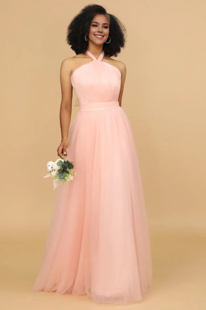 Beaira Blush A Line Halter Floor Length Tulle Bridesmaid Dress Bridesmaid dress shop