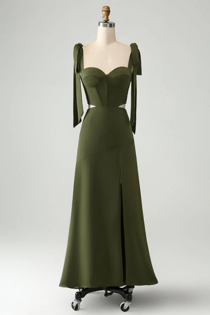 Beaira Olive A Line Spaghetti Straps Floor Length Dress with Slit Bridesmaid dress shop