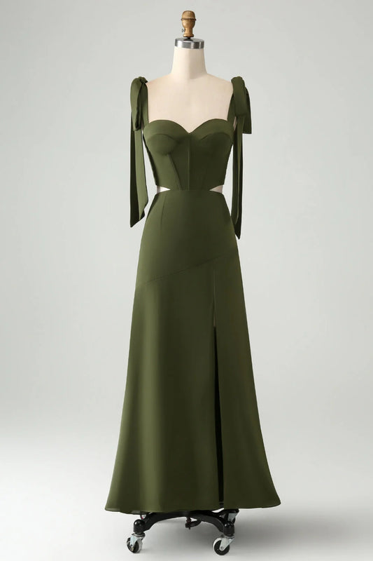 Beaira Olive A Line Spaghetti Straps Floor Length Dress with Slit Bridesmaid dress shop