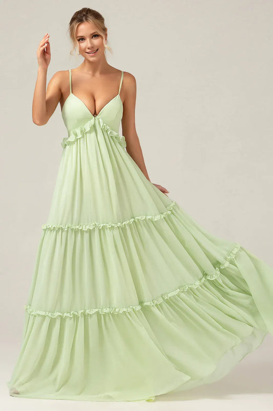 Beaira A-Line Spaghetti Straps Backless Long Green Bridesmaid Dress With Ruffles Bridesmaid dress shop