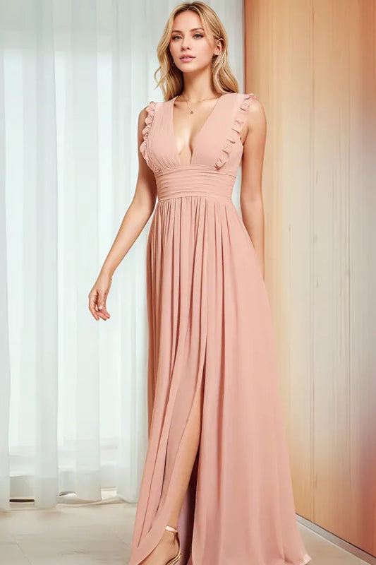 Beaira Elegant A-Line V Neck Straps Sleeveless Pleated Ruffles Prom Party Dress High Side Slit and Train Open Back Bridesmaids Dress