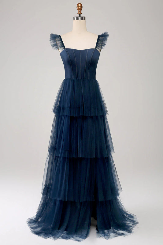Beaira A Line Spaghetti Straps Tiered Tulle Long Navy Bridesmaid Dress With Slit Bridesmaid dress shop