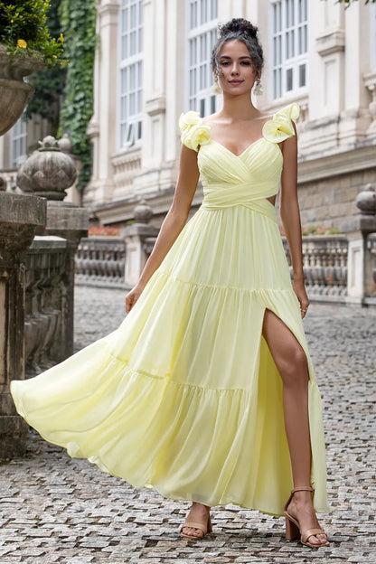 Beaira Simple A Line Pleated Chiffon Lemon Yellow Wedding Party Guest Dress with Ruffles Bridesmaid dress shop