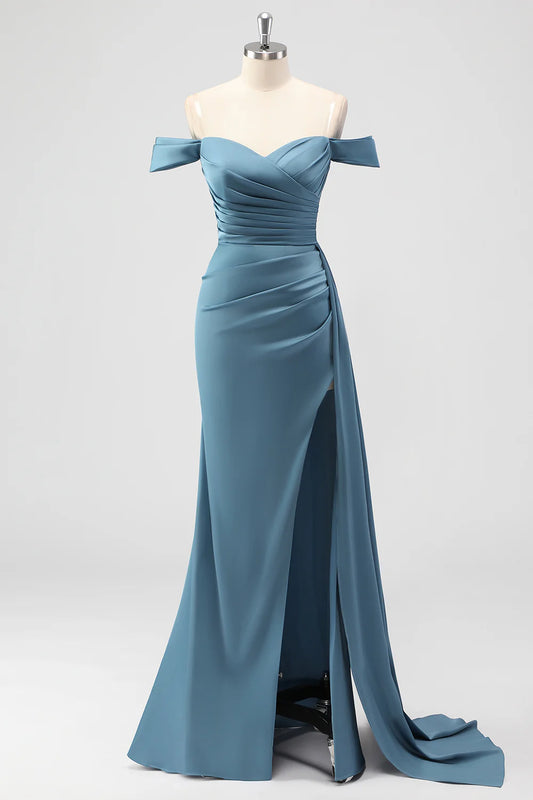 Beaira Elegant Dusty Blue Mermaid Off The Shoulder Side Streamer Ruched Satin Long Bridesmaid Dress with Slit