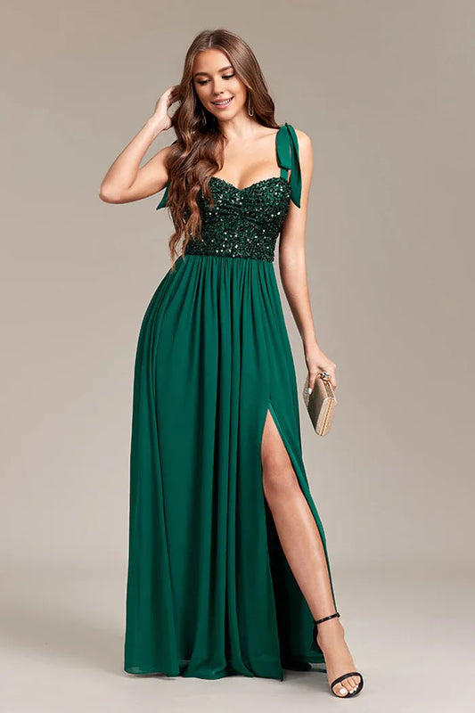 Beaira Elegant Sparkly Green Sequins Long Prom Dress With Slit - Green