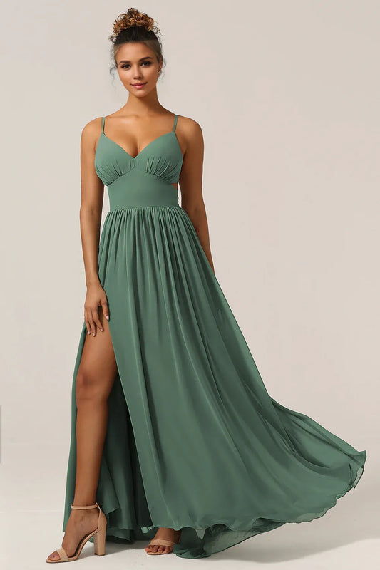 Beaira Eucalyptus A-Line Spaghetti Straps Floor Length Chiffon Bridesmaid Dress with Slit Bridesmaid dress shop