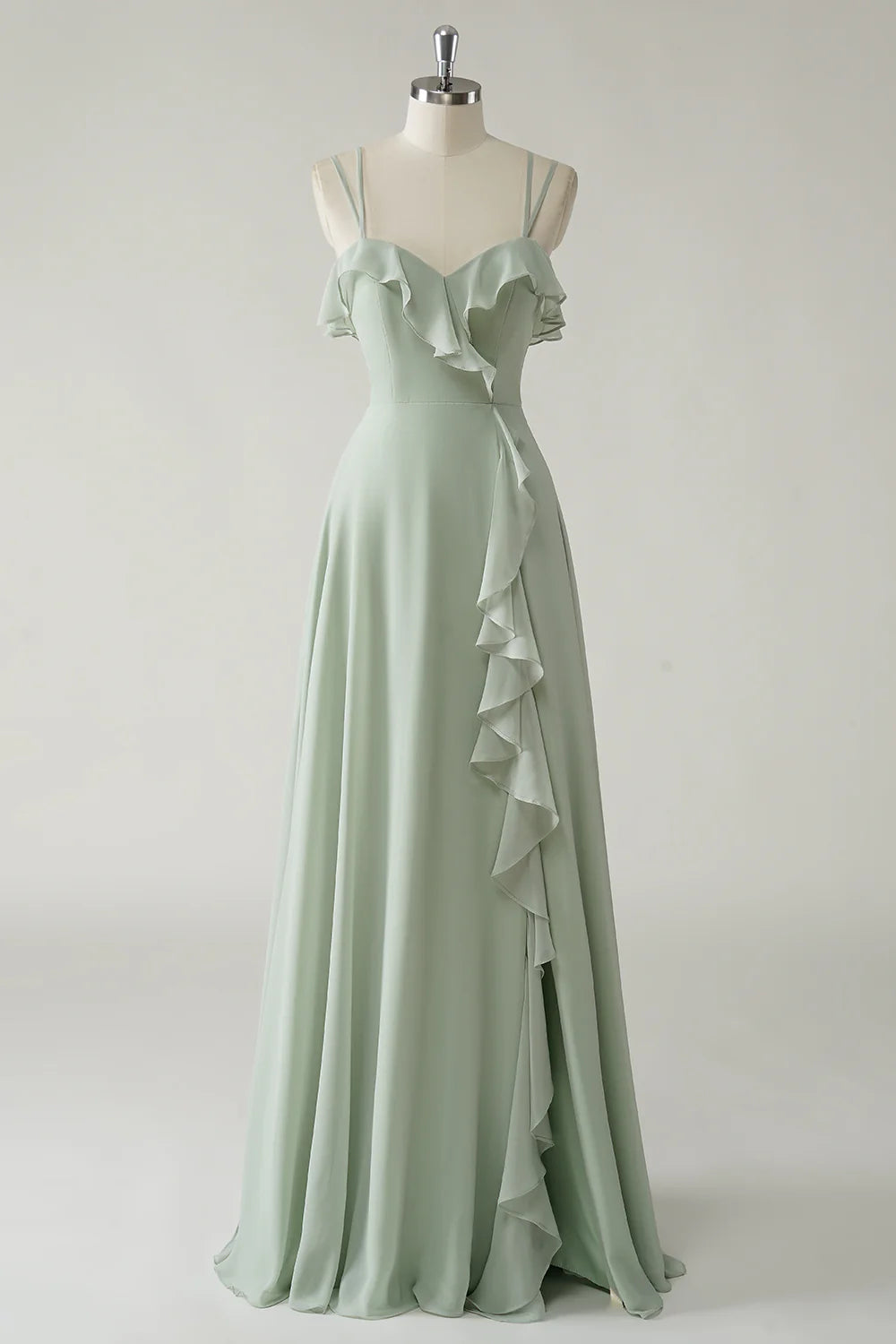 Beaira Elegant Dusty Sage A Line Spaghetti Straps Chiffon Long Bridesmaid Dress with Ruffle Slit