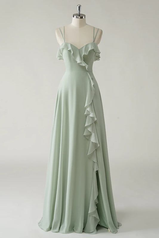Beaira Elegant Dusty Sage A Line Spaghetti Straps Chiffon Long Bridesmaid Dress with Ruffle Slit