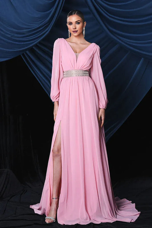 Beaira Elegant Pink Chiffon Long Sleeves Prom Dress With Slit - Pink