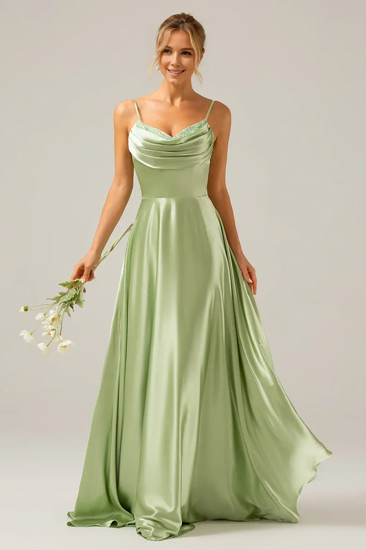 Beaira Dusty Sage A-Line Cowl Neck Spaghetti Straps Bridesmaid Dress With Sequins Bridesmaid dress shop