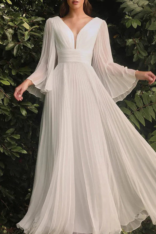 Beaira Elegant Solid Fold V Neck Evening Dresses formal wear dresses - White