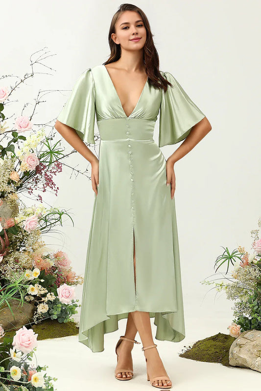 Beaira Dusty Sage A Line Deep V Neck Bridesmaid Dress with Half Sleeves Bridesmaid dress shop ﻿