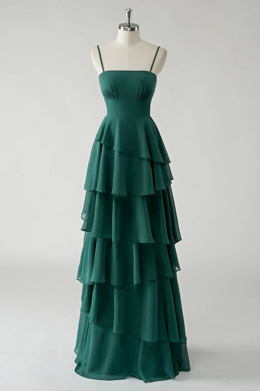 Beaira Elegant Dark Green A Line Spaghetti Straps Tiered Chiffon Floor Length Bridesmaid Dress
