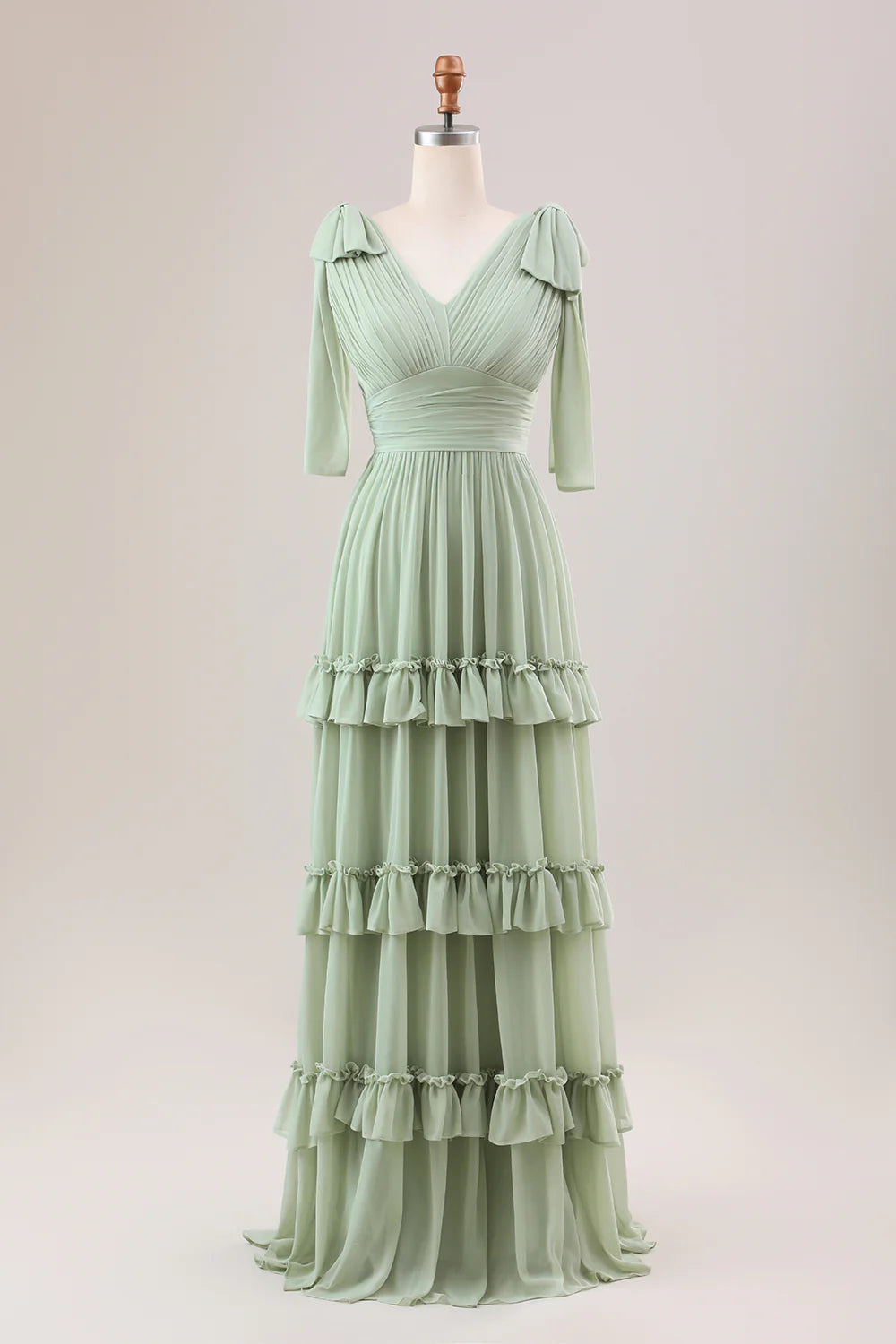 Beaira Dusty Sage A Line V-Neck Knitted Chiffon Long Bridesmaid Dress With Ruffles Bridesmaid dress shop