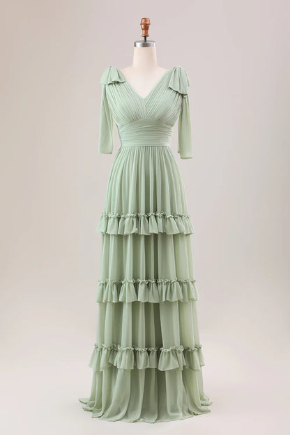 Beaira Dusty Sage A Line V-Neck Knitted Chiffon Long Bridesmaid Dress With Ruffles Bridesmaid dress shop
