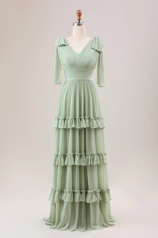 Beaira Dusty Sage A Line V-Neck Knitted Chiffon Long Bridesmaid Dress With Ruffles Bridesmaid dress shop