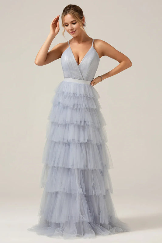 Beaira Dusty Blue A-Line Spaghetti Straps Tiered Long Tulle Maxi Dress Bridesmaid dress shop