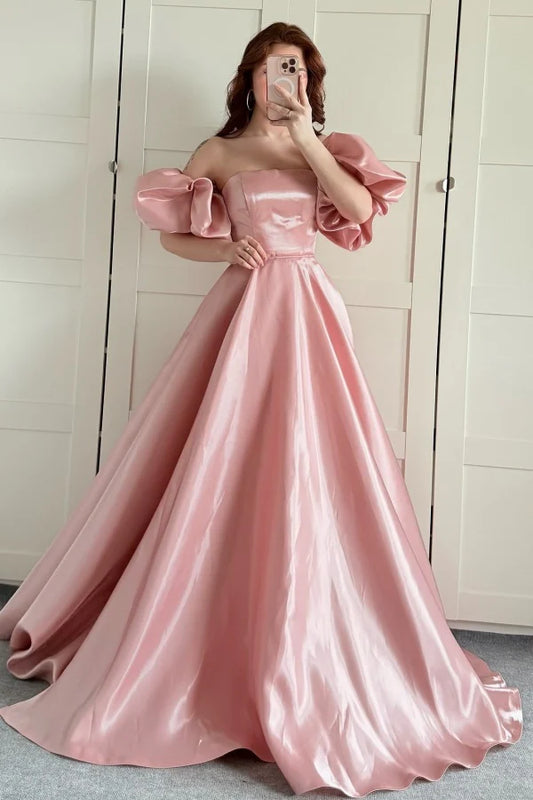 Beaira Simple & Casual A-Line Strapless Detachable Puffy Sleeves Prom Party Dress Floor Length Formal Evening Gown